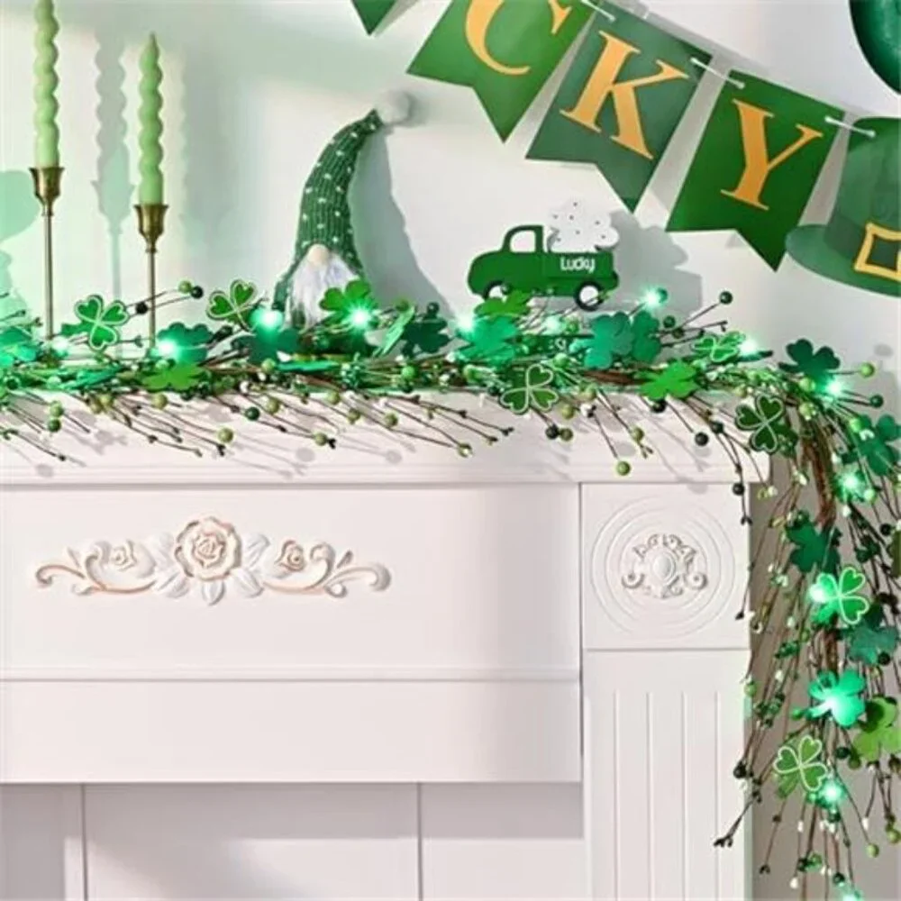 6 Ft St Patrick's Day Garland with Light, Lighted Shamrock Garlands, Green
